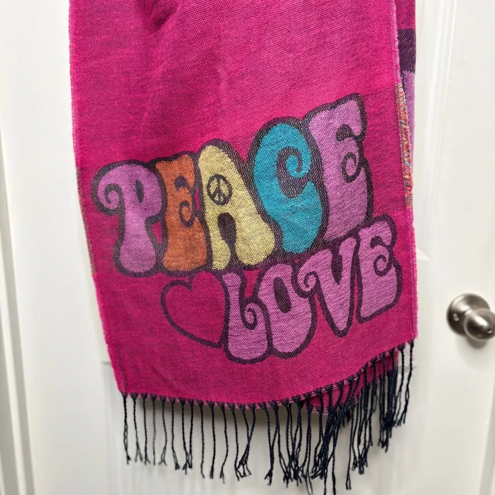 Peace Love Bright Magenta Graphic Scarf Recycled Polyester Fringe Wrap Pashmina